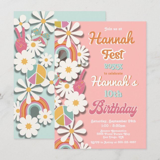 Hippie Flower Power 70s 60s Birthday Party Invitation (Front/Back)