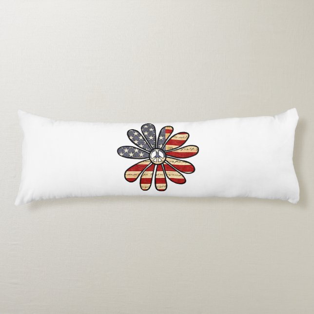 Hippie Flower Power Peace Sign American Flag Body Cushion (Front)