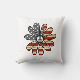 Hippie Flower Power Peace Sign American Flag Cushion
