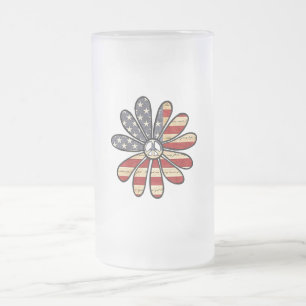 Hippie Flower Power Peace Sign American Flag Frosted Glass Beer Mug