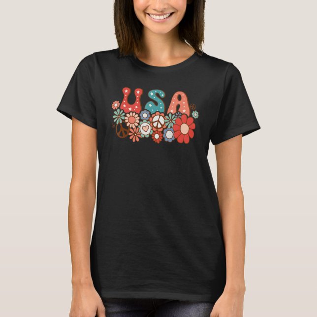 Hippie Flower USA American Flag Groovy 4th of July T-Shirt (Front)