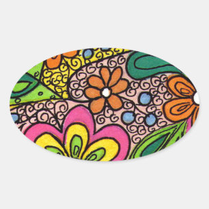 Hippie Flowers Design Oval Sticker
