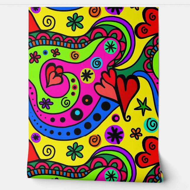 HIPPIE FLOWERS RETRO seamless  Wallpaper (Unrolling)