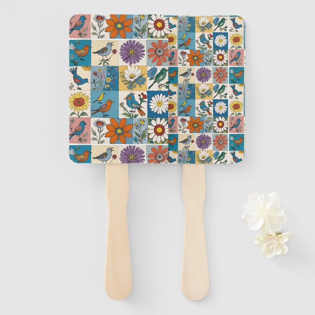 Hippie Folk Art Floral Patchwork With Birds Hand Fan (Front and Back)