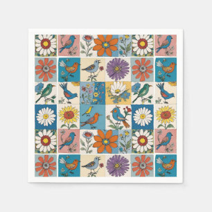 Hippie Folk Art Floral Patchwork With Birds Napkin