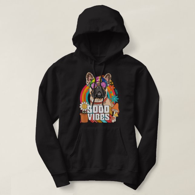 Hippie French Bulldog Dog Retro 60s 70s Groovy Hoodie (Design Front)