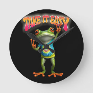Hippie Frog Take it Easy Fun Colourful  Round Clock