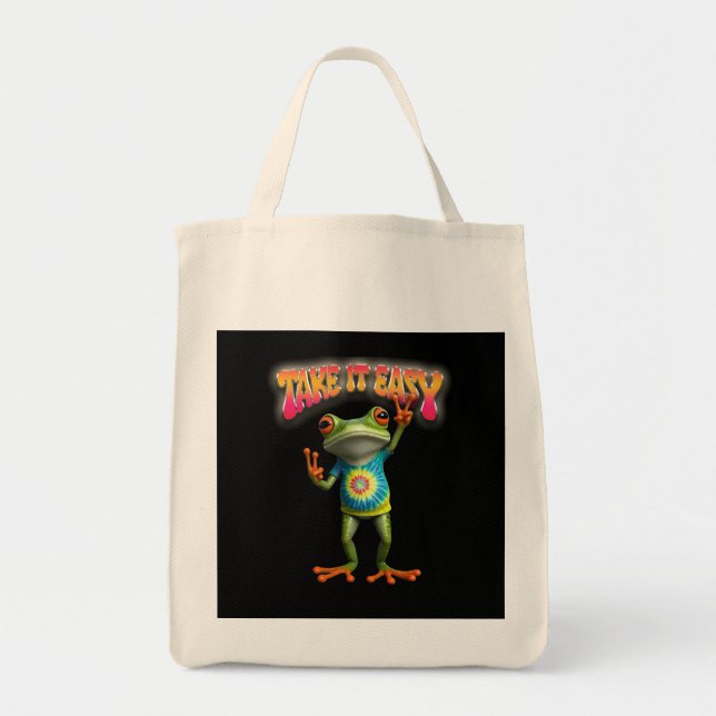 Hippie Frog Take it Easy Fun Colourful  Tote Bag (Front)