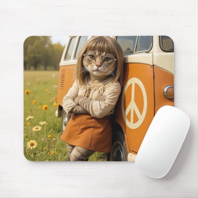 Hippie Girl Cat Leaning On a Retro Van Mouse Mat (With Mouse)