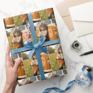 Hippie Girl Cat Leaning On a Retro Van Wrapping Paper