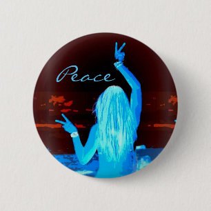 hippie girl flashing peace sign blue 6 cm round badge