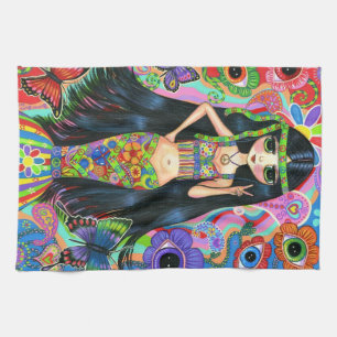 Hippie Girl Mermaid Flashing Peace Sign Tea Towel
