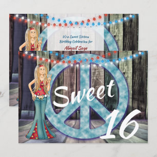 Hippie Girl, Peace Sign, Lights Sweet 16 Birthday Invitation