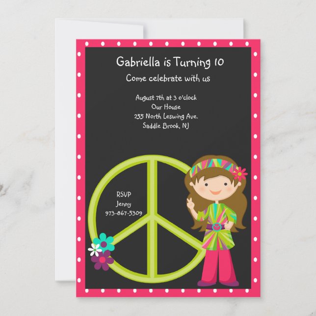 Hippie Girl with LimeGreen Peace Sign Girls Invite (Front)