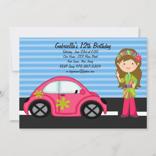 Hippie Girl with Pink  Buggy Birthday Invitation (Front)