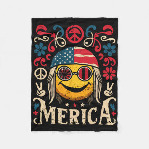 Hippie Groovy Face July 4th Us Flag Groovy Decor M Fleece Blanket