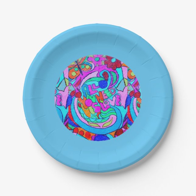 hippie groovy love circle blue paper plate (Front)