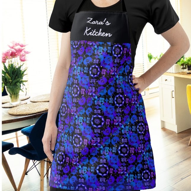 Hippie Groovy Pattern Blue Purple Personalised Apron (An apron in boho hippie style with pattern in blue, purple, black and white with fade effects)