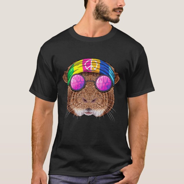 Hippie Guinea Pig Love Peace Sign 70s Hippie Anima T-Shirt (Front)