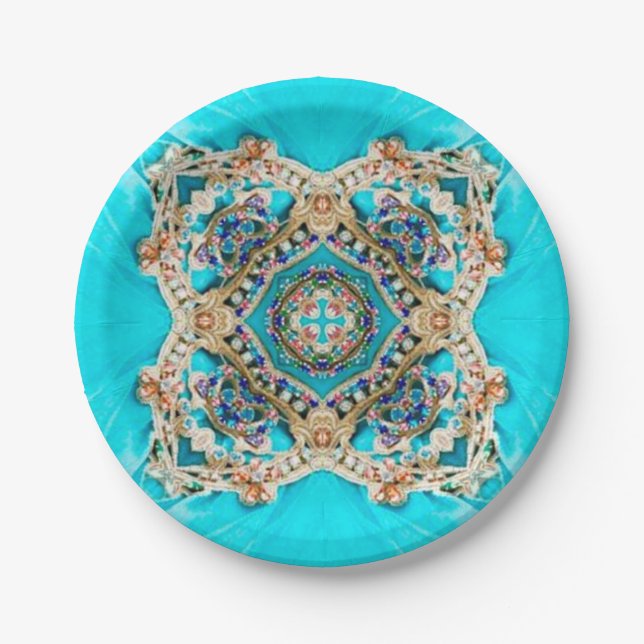 Hippie Gypsy Ethnic turquoise aqua blue bohemian Paper Plate (Front)
