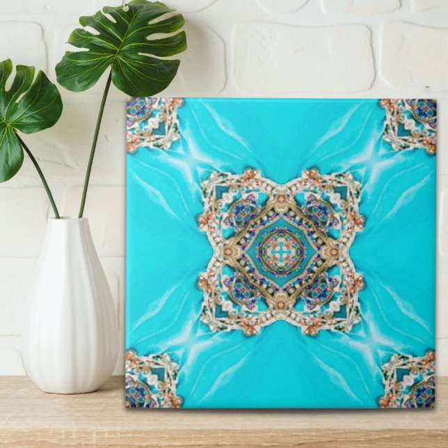 Hippie Gypsy Ethnic turquoise aqua blue bohemian Tile (Hippie Gypsy Ethnic turquoise aqua blue bohemian Ceramic Tile)