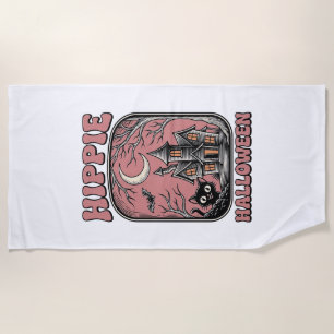 Hippie Halloween Cat Haunted House Vintage Design_ Beach Towel