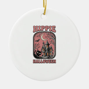 Hippie Halloween Cat Haunted House Vintage Design_ Ceramic Tree Decoration