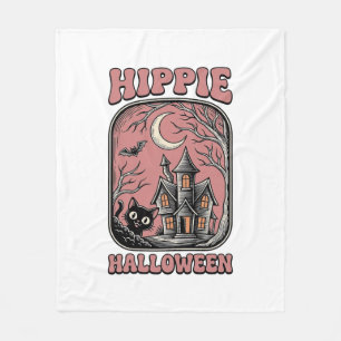 Hippie Halloween Cat Haunted House Vintage Design_ Fleece Blanket