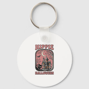 Hippie Halloween Cat Haunted House Vintage Design_ Key Ring