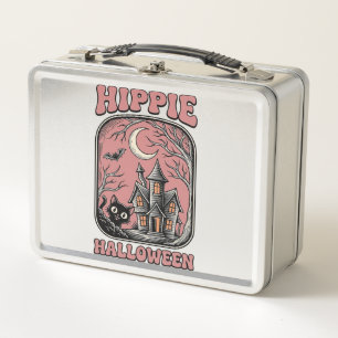 Hippie Halloween Cat Haunted House Vintage Design_ Metal Lunch Box