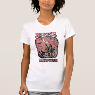 Hippie Halloween Cat Haunted House Vintage Design_ T-Shirt