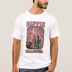 Hippie Halloween Cat Haunted House Vintage Design_ T-Shirt