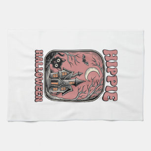 Hippie Halloween Cat Haunted House Vintage Design_ Tea Towel