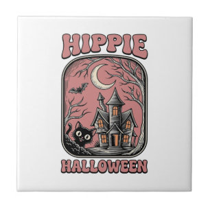 Hippie Halloween Cat Haunted House Vintage Design_ Tile
