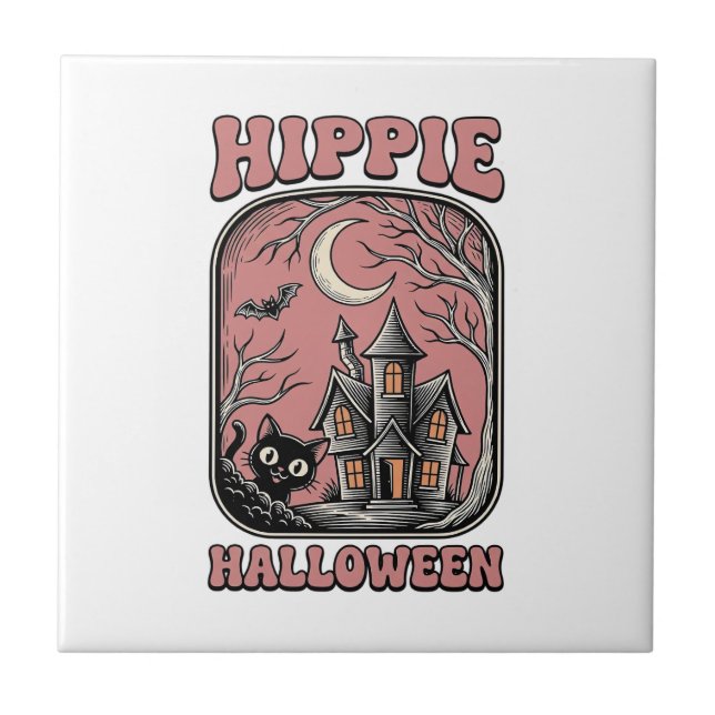 Hippie Halloween Cat Haunted House Vintage Design_ Tile (Front)