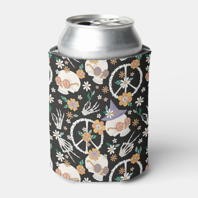 Hippie Halloween Skulls and Flowers Pattern Can Cooler (Can Front)