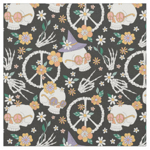 Hippie Halloween Skulls and Flowers Pattern Fabric