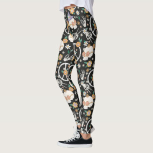 Hippie Halloween Skulls and Flowers Pattern Leggings