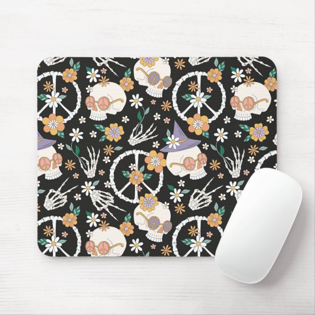 Hippie Halloween Skulls and Flowers Pattern Mouse Mat (With Mouse)