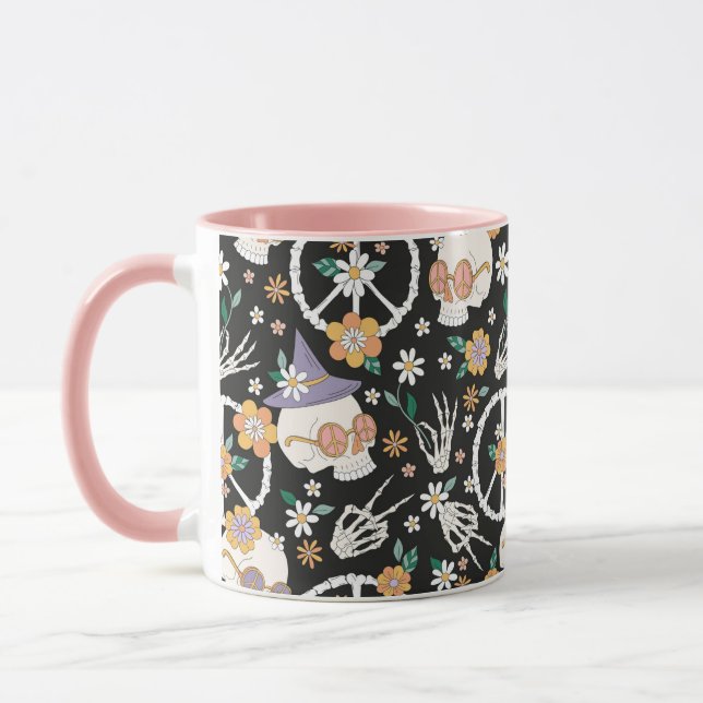 Hippie Halloween Skulls and Flowers Pattern Mug (Left)