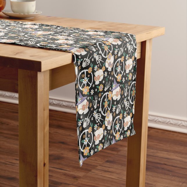 Hippie Halloween Skulls and Flowers Pattern Short Table Runner (In Situ)