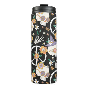 Hippie Halloween Skulls and Flowers Pattern Thermal Tumbler