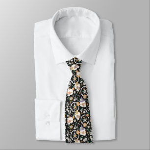 Hippie Halloween Skulls and Flowers Pattern Tie