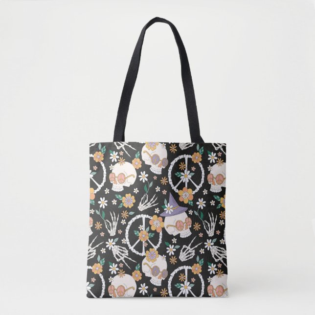 Hippie Halloween Skulls and Flowers Pattern Tote Bag (Front)