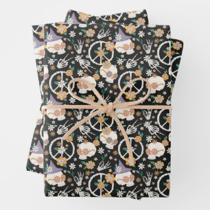Hippie Halloween Skulls and Flowers Pattern Wrapping Paper Sheet