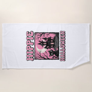 Hippie Halloween Vintage Haunted House Cat Shirt_1 Beach Towel