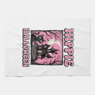 Hippie Halloween Vintage Haunted House Cat Shirt_1 Tea Towel