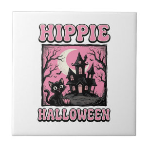 Hippie Halloween Vintage Haunted House Cat Shirt_1 Tile