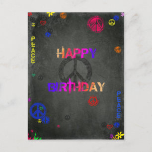 Hippie Happy Birthday in Black Postcard