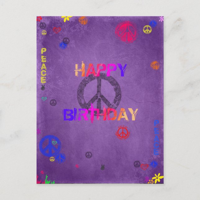 Hippie Happy Birthday Postcard in Purple (Front)